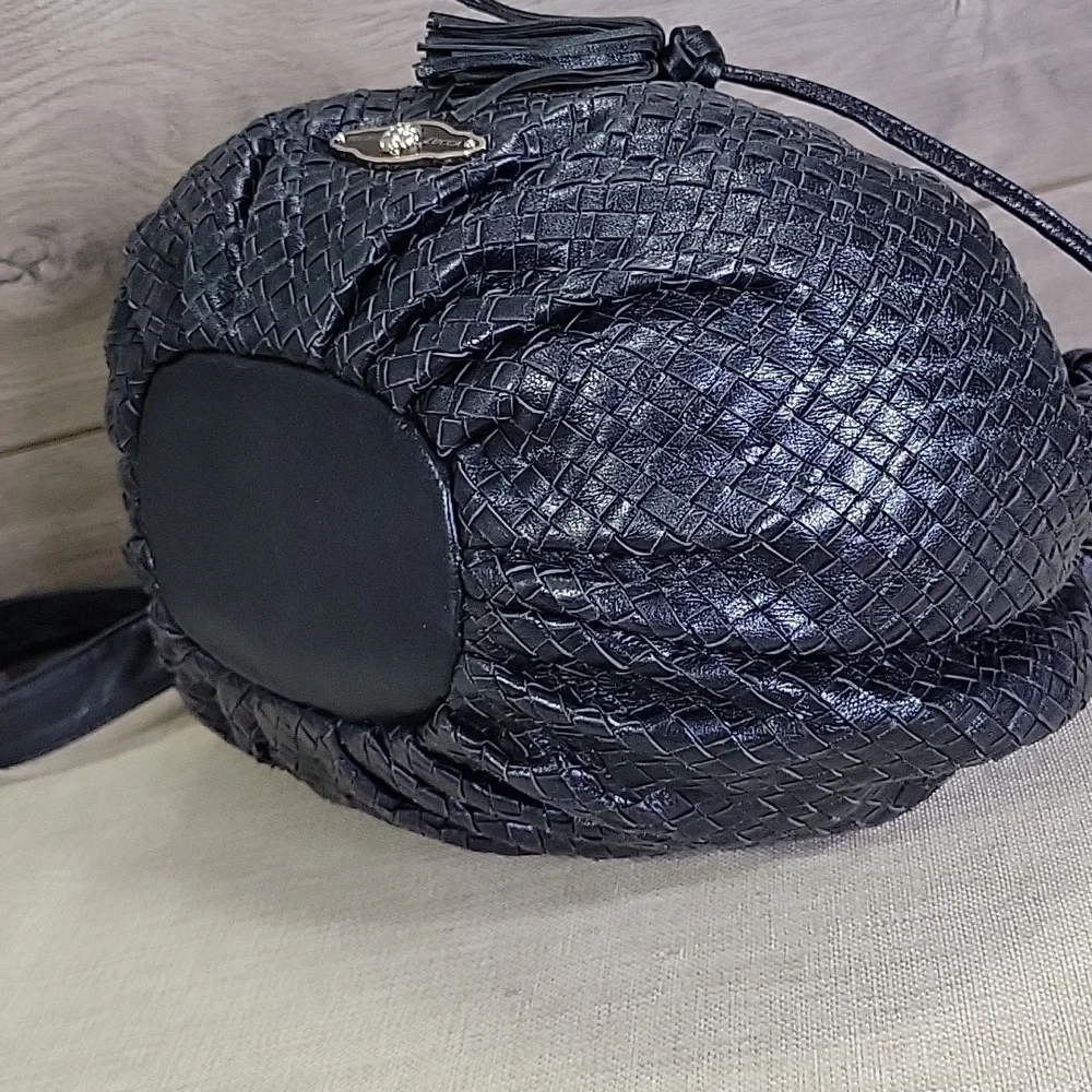 Elliott Lucca Black Woven Leather Drawstring Crossbody Bag